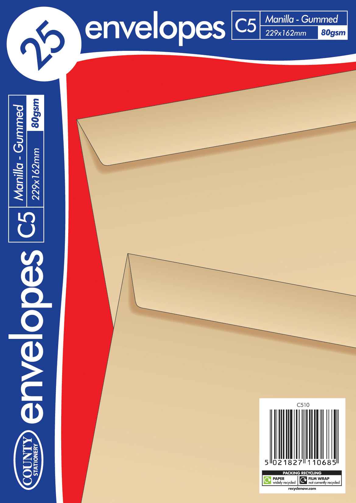 C5 Manilla gummed envelopes 80gsm 25's